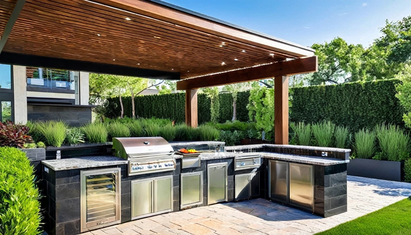 Generate an image of the outdoor space, seamlessly extending the modern marvel's aesthetics. Showcase a futuristic outdoor kitchen, smart landscaping, and entertainment areas that harmonize with nature.