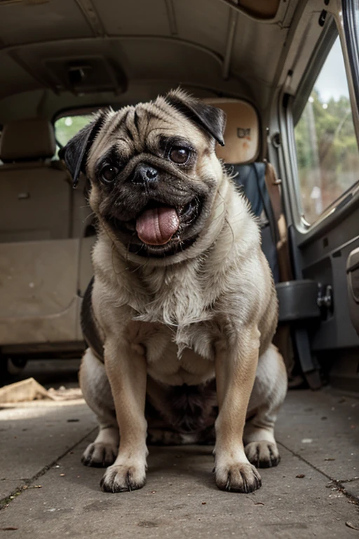 pug dog, sitting on the butt. Funny, sloppy, tongue-in-cheek.The image expertly highlights every worn thread and frayed edge, evoking a sense of nostalgia and reverence. The attention to detail in this high-quality image transports the audience back in time to the era of post-war uniformity and discipline.