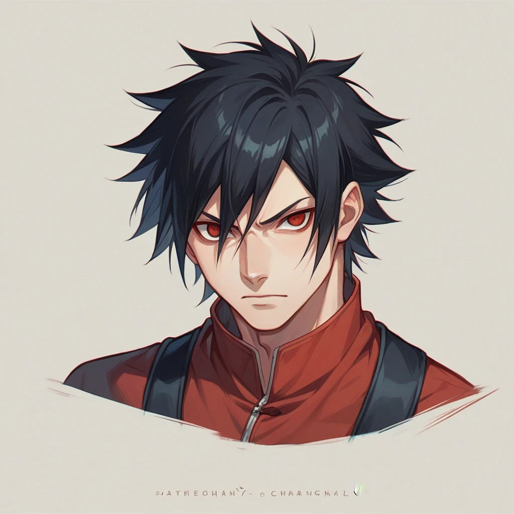 Drawing the character Sasuke Uchiha from the anime Naruto in a realistic and modern style, clearly showing his distinctive features such as his black hair and red Sharingan eyes, and wearing his ninja uniform with a background that reflects the strength and mystery of his character.."