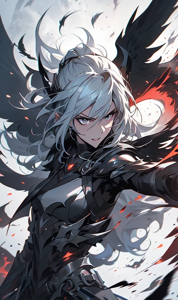 1girl, solo, anime, anime girl, black wings, white hair, black wings, black wings, black wings, black wings, black wings, black wings, black wings, from arknights, middle shot of a female anime hero, artgerm and atey ghailan, arknights, in combat, dynamic, dynamic pose, dynamic composition, attack, fate grand order, anime style like fate/stay night, senti, black eyes, white hair, poinytail, mature, (anger, tsurime:1.33), cursed armor, high tech armor, black armor, stealthtech ,scifi ,cutting edge , sleek angular, flames, destruction, world on fire, apocalyptic mass destruction