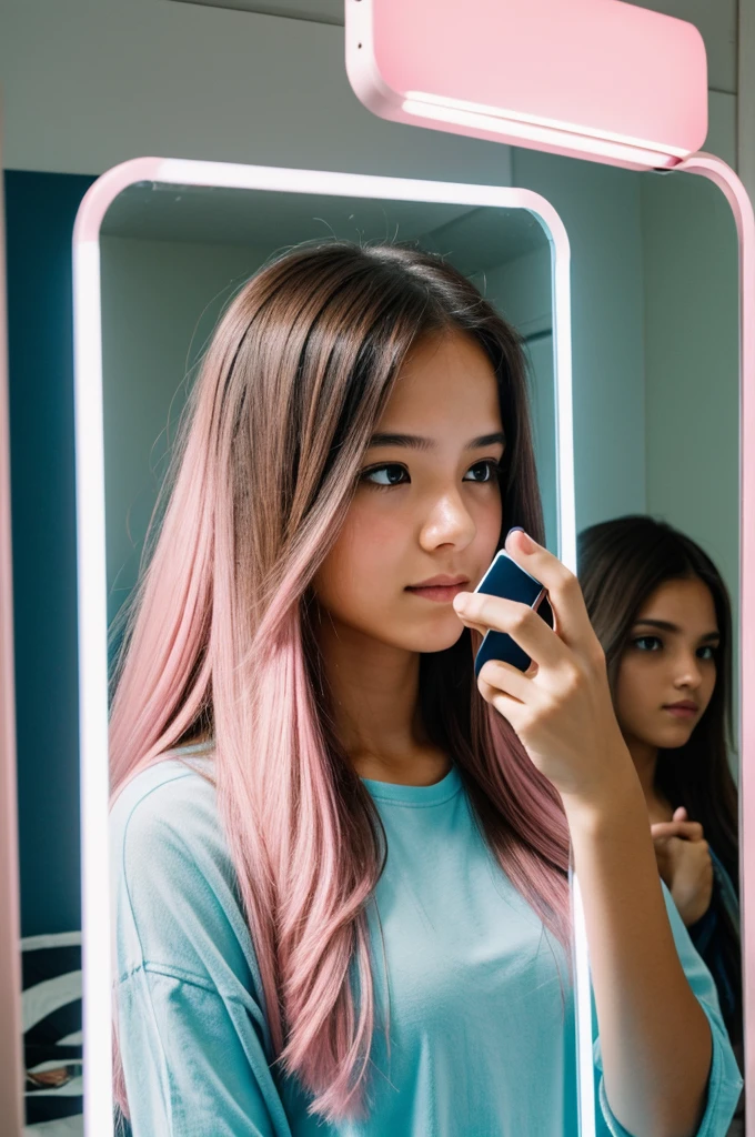 photo of a girl with long hair half pink half brown combined with light blue taking a photo on the mirror cell phone while covering her face