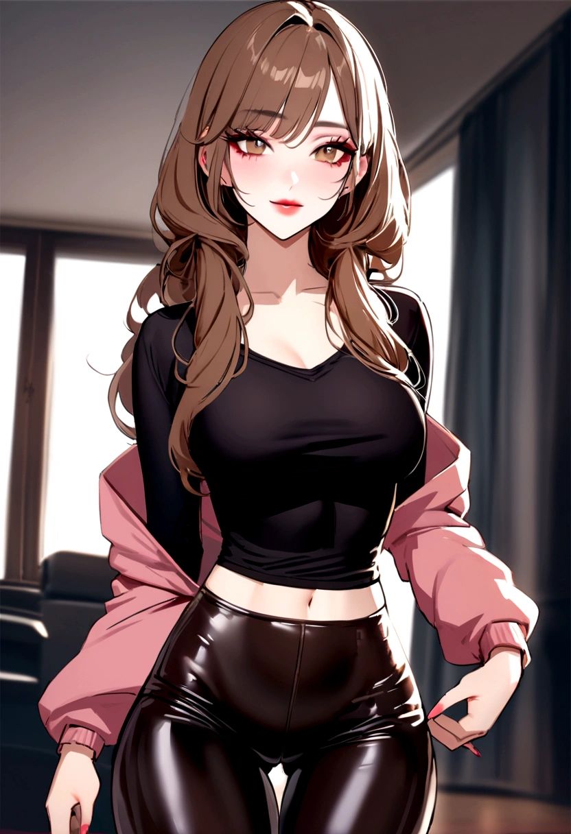 a woman with long brown hair and in a top and tight pants, tumblr, innocent face, evil face, digital art, attractive beautiful face, beautiful model girl, extremely beautiful face, very beautiful sexy figure girl, , beautiful girl model, photo of a beautiful woman, attractive girl, cute beautiful, very beautiful young woman, sexy face with full makeup, attractive female face!!!, gorgeous attractive face