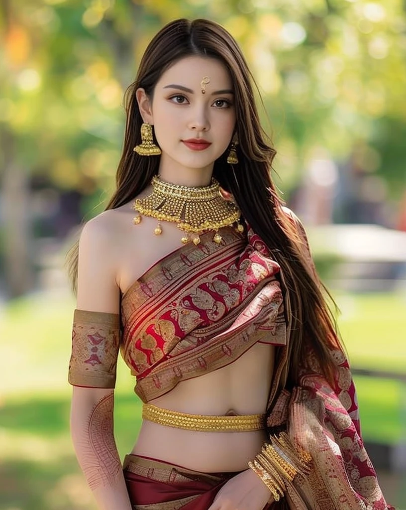 (ผู้หญิงlong hairชาวเอเชียตะวันออกเฉียงใต้ที่มีใบหน้ากลม,,very large breasts,,Chest measurement 36 inches.,)) Warm light, morning sun,  long hair,black eyes,abdominal muscles, The body is beautiful and strong., thick hips, rounded chest, (digital painting, HDR, high contrast), 3d, 8K, 45,000,000 pixcls,Asian girl, Gorgeous Chinese model, jaw-dropping beauty, Attractive, sexy, seductive face and body, A woman in a red dress and gold jewelry poses for a photo., traditional beauty, Sukhothai dress, Southeast Asia that has existed for a long time, traditional chinese, traditional, beautiful oriental woman, traditional tai costume, asian woman, Dilraba Dilmurat, Chinese style, Niwan Chandra, wear red dress, Wear luxurious jewelry., Inspired by Tang Di