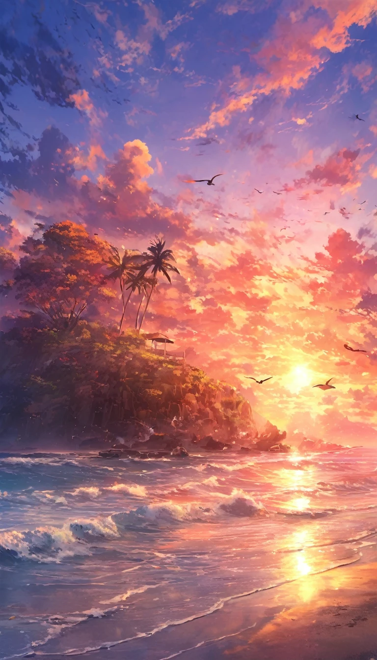 Unmanned Island, ocean, Sunset, sunset, orange, Red, yellow, purple, pink, level, invalid, cloud, water surface, reflection, Waves, beach, Sandy beach, Palm tree, contour, shadow, rock, 奇rock, bird, Oceanbird, Fly Invalid, Quiet, peaceful, The Sound of Waves, The sound of the wind, nature, Spectacular views, Gorgeous, beautiful, Rehabilitation, venture, expedition, Dream, romantic, Secret Area, Heaven, unmanned, , time, horizon, sun, Light, Shadow Art, Compared, Dramatic, Survive, Unmanned IslandLife,beautiful Anime Landscape, landscape painting, Beautiful digital painting, andreas rocha, Beautiful artwork illustration, awesome wallpapers, Raymond Han, tall beautiful painting, Studio Greebly New Ocean Makoto, Beautiful Wallpaper, Anime Landscape