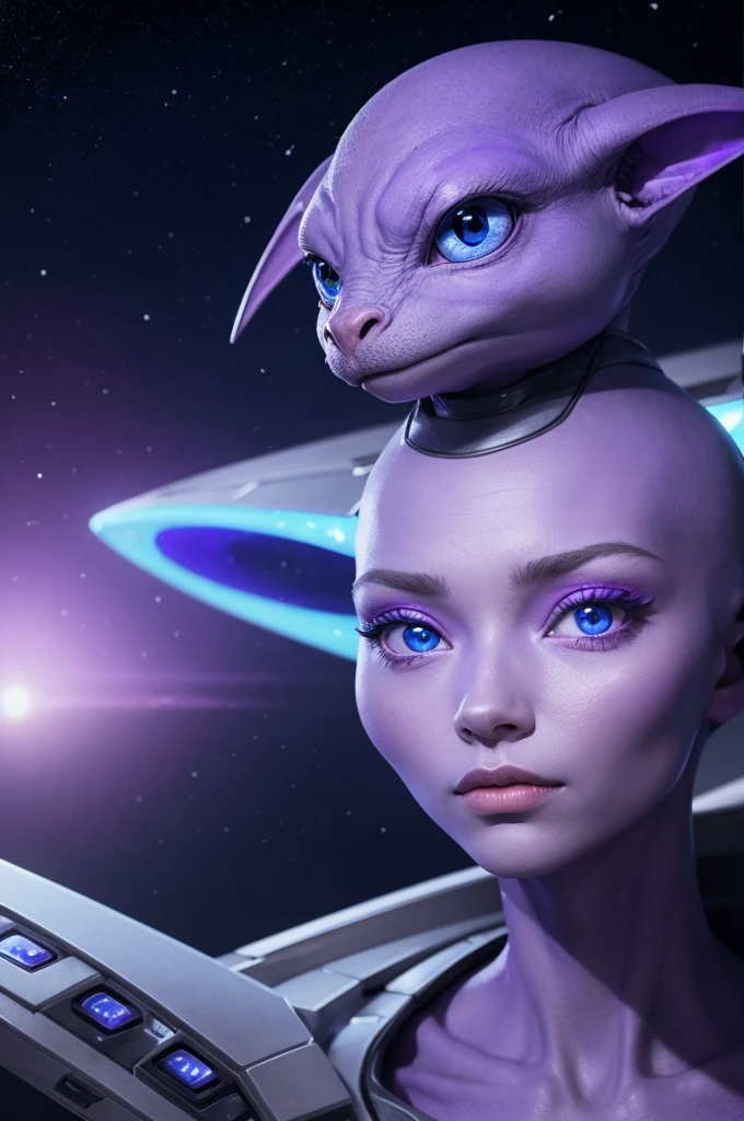 A purple et with blue eyes on top of a spaceship