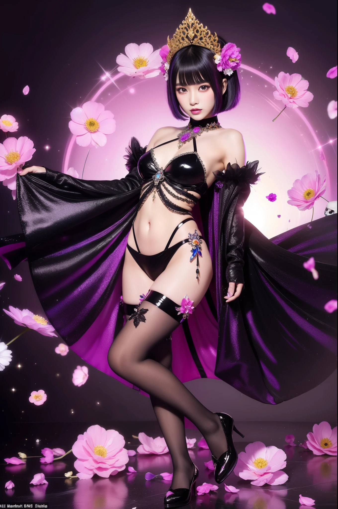 beautiful Thai model who controls poison、lipgloss、intense makeup、look at the camera、full body Esbian、、sparkling poisoned flower costume、、、、sparkling Colorful short hair、secrete poison、skull hair accessories, ultra detailed black tights、shiny sparkling flowers background