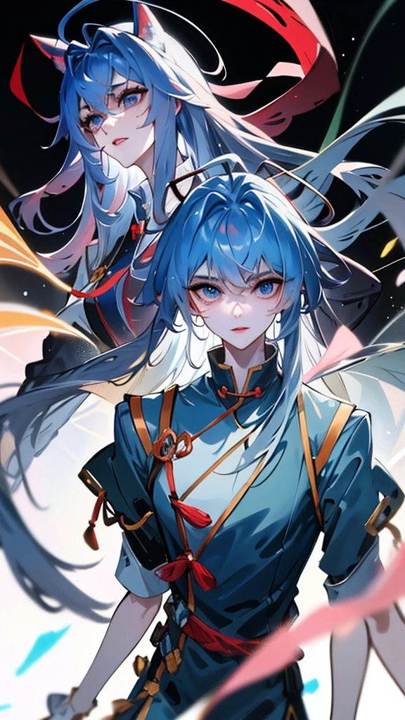 Masterpiece, Best quality, 1 Tang Wu Tong, the expression is cold, strong, blue eyes, short hair, wolfcut hairstyle, smoky mix blue color hair, resolute eyes, red lips, simple Taoist Taoist uniform, Chinese mix morden, frontal photo, black or white background, simple background, anime, illustration, hafl body or full body