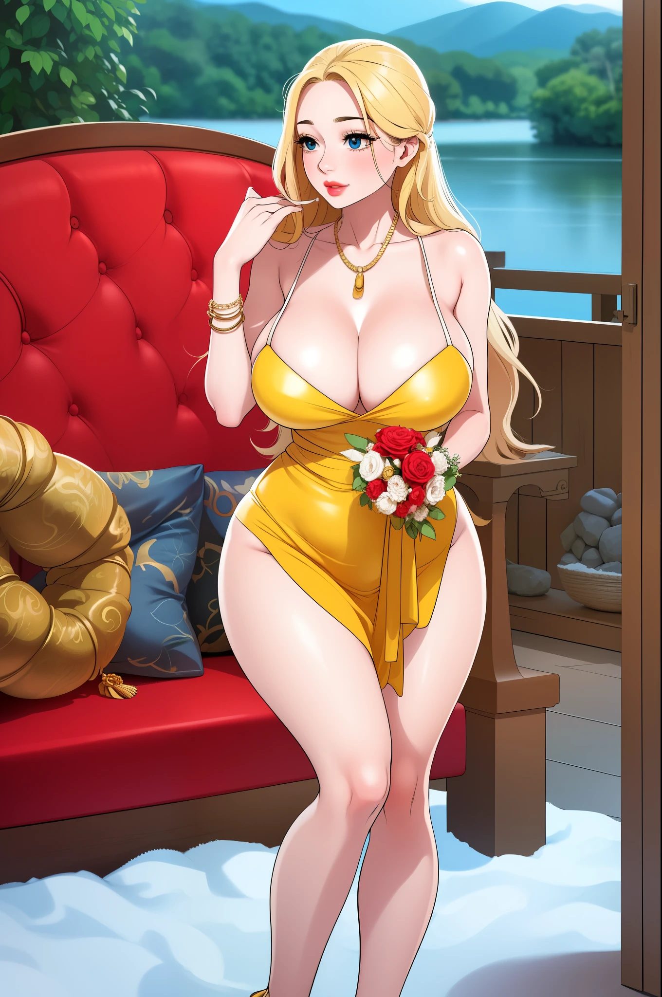 An extremely beautiful stunning busty woman, with gold blonde long silky hair, big blue eyes, extremely super bright snow white fair stunning flawless glowing lush shiny white complexion, flawless skin, a perfect tight hourglass figure, and a skinny waist, sexy thick smooth luscious legs and thighs, extremely cute smile on the face, bright pink blushes on cheeks, wearing a short sexy tight revealing gold thread-bikini, yellow heels, gold necklace on the neck, gold anklets on feet, gold chain on the waist, standing straight, holding a red roses bouquet, jungle and lake in the background, show full body from head to feet.
