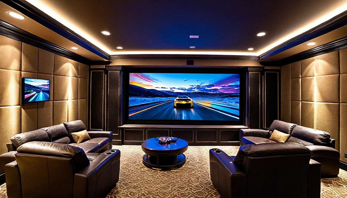 Produce an image of the entertainment room, a technological masterpiece. Highlight a home theater system, immersive gaming setup, and a design that provides an unforgettable entertainment experience.