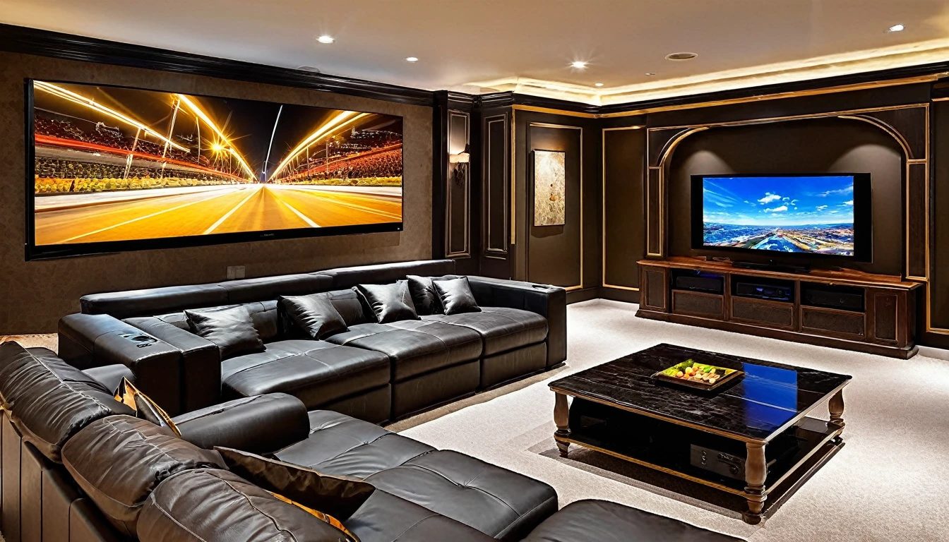 Produce an image of the entertainment room, a technological masterpiece. Highlight a home theater system, immersive gaming setup, and a design that provides an unforgettable entertainment experience.