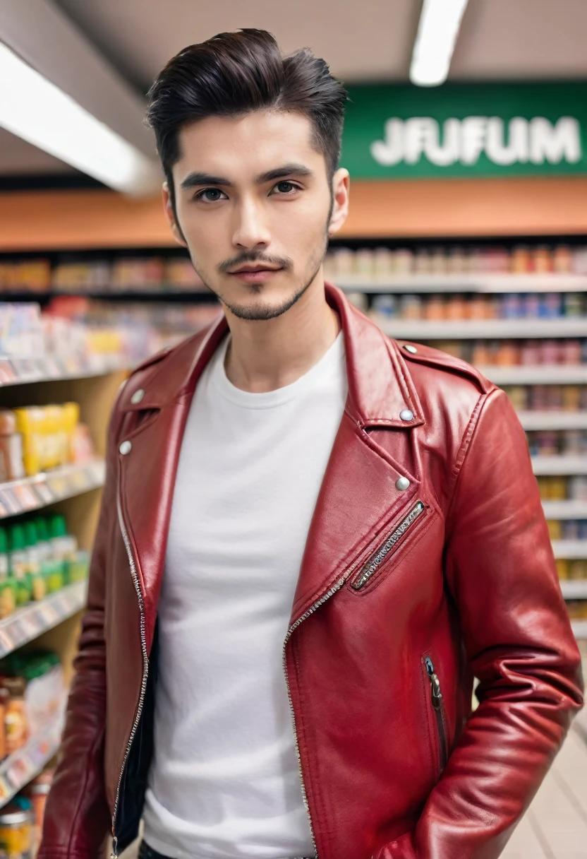 a handsome man in a red leather jacket, in a convenience store, Ready for action, Upper part of the body, close up, (looking to the camera), (sincere, aficionado), (RAW, 8k, UHD, Fujifilm XT3),