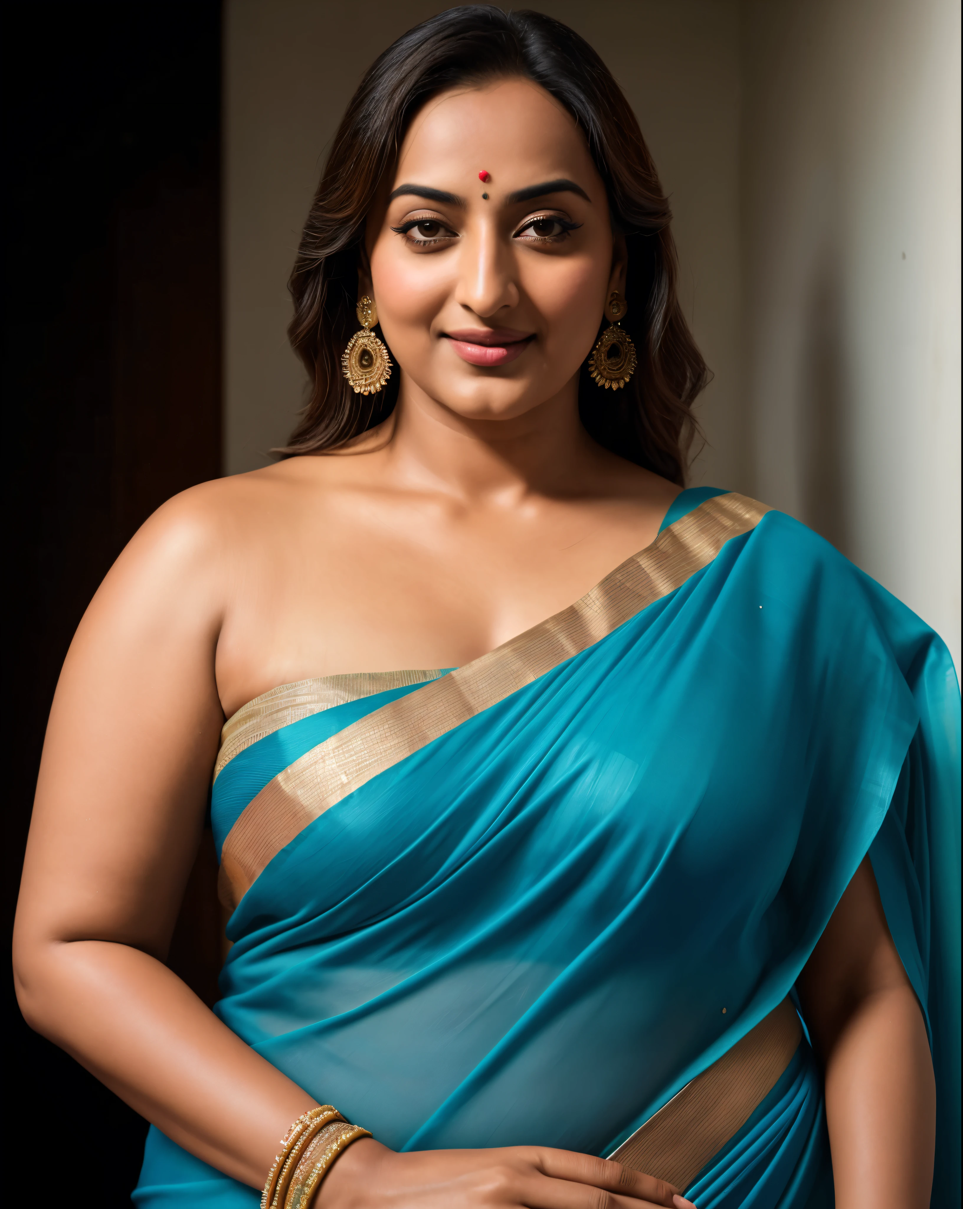 Foto RAW, photorealistic, photography, full body shot, 50 years old Woman, master shot, perfect eyes, goddess like beauty, pierced eyes, perfect thick chubby mallu Desi aunty bhabhi, Wearing a Stanapatta, a chest-band.Saree model, model Photography, Indian saree shoot, Indian traditional wear advertising photography, traditional wear brand shoot, face of Indian actress Sonakshi Sinha, masterpiece, realistic, realism, incredible details, pleasure, photorealism, detailed skin, skin pores, high contrast, photorealistic Artstation 8k HD digital art trend of high definition and detailed realistic skin texture, ultra detail, realistic skin texture, armature, best quality, ultra high definition, (photorealistic:1.4),, high resolution, detail, raw photo, sweat, Re sharp, by Lee Jefferies Nikon D850 Film Stock Photo 4 Kodak Portra 400 Camera F1.6 Lens Rich Color Ultra Real Realistic Realistic Textures Dramatic Lighting Unreal Engine Trending at Art Station Cinestill 800,(pele altamente detalhada: 1.2), 8k UHD, DSLR, soft-lighting, alta qualidade, grain of film, Fujifilm XT3,she didn't like to wear blouse or bra, she is happy to wear only saree, she hates blouse or bra, detailed hairy armpits, hyper realistic skin, skin pores, sweat, veins,