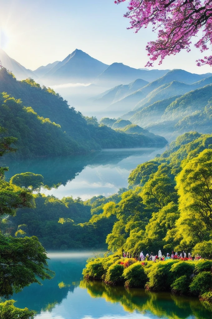 A beautiful sunny morning, in a paradisiacal place that exudes peace and serenity. jesus está em profunda oração, kneeling on the edge of a crystal clear lake. The lake water reflects the golden rays of the rising sun, creating a soft, welcoming glow. ao redor, nature blooms in vibrant colors: Leafy trees, flowers of all colors and birds singing harmoniously. jesus, dressed in their traditional white robes, radiates a deep calm and comforting presence. His expression is one of total devotion and inner peace, eyes closed and hands gently clasped in prayer. Behind him, majestic mountains rise to the sky, surrounded by a light mist that adds a touch of mystery and reverence to the scene. The atmosphere is permeated with a sense of sanctity and tranquility, with a gentle breeze caressing the environment and spreading the sweet aroma of flowers. The setting conveys a deep spiritual connection, inviting everyone to join in a moment of reflection and worship.