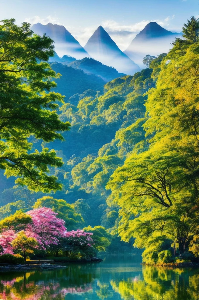A beautiful sunny morning, in a paradisiacal place that exudes peace and serenity. jesus está em profunda oração, kneeling on the edge of a crystal clear lake. The lake water reflects the golden rays of the rising sun, creating a soft, welcoming glow. ao redor, nature blooms in vibrant colors: Leafy trees, flowers of all colors and birds singing harmoniously. jesus, dressed in their traditional white robes, radiates a deep calm and comforting presence. His expression is one of total devotion and inner peace, eyes closed and hands gently clasped in prayer. Behind him, majestic mountains rise to the sky, surrounded by a light mist that adds a touch of mystery and reverence to the scene. The atmosphere is permeated with a sense of sanctity and tranquility, with a gentle breeze caressing the environment and spreading the sweet aroma of flowers. The setting conveys a deep spiritual connection, inviting everyone to join in a moment of reflection and worship.

