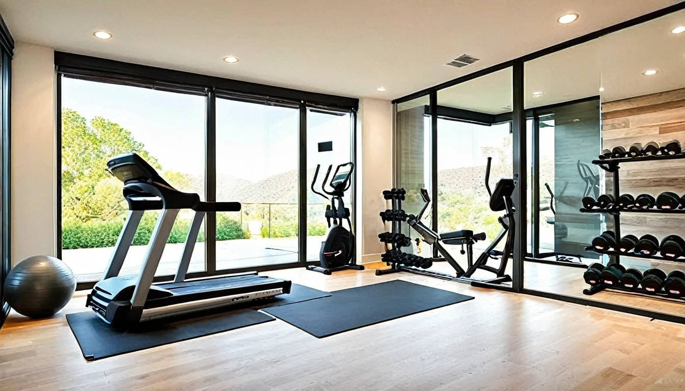 Craft an image of the home gym, where fitness meets innovation. Showcase cutting-edge exercise equipment, motivational design elements, and a space that encourages a healthy lifestyle