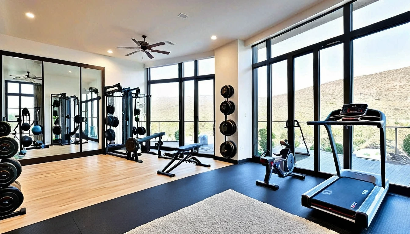 Craft an image of the home gym, where fitness meets innovation. Showcase cutting-edge exercise equipment, motivational design elements, and a space that encourages a healthy lifestyle