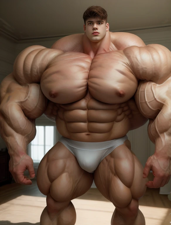 1boy, giant, alone, giant bodybuilder, illuminating light, strong body, bulk, large size, standing in white room photo studio, indoor, nude, white triangular underwear, thick bulge, scratch his bulge, extraordinary big, brutalmass, giant muscular body, bulk, buff, massive body, large meaty body size, extremely wide body