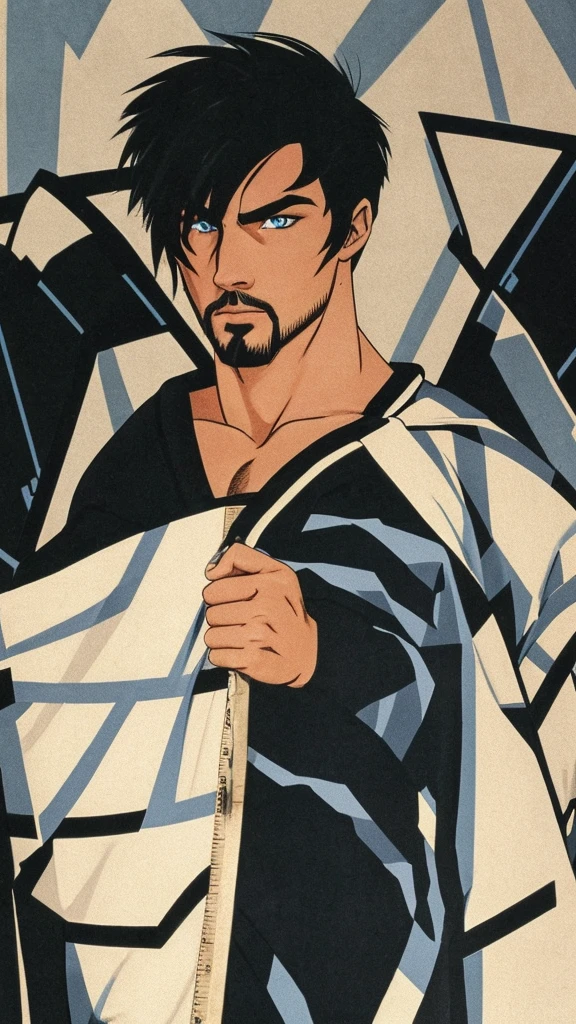 White man with blue eyes, with black hair, with a goatee, measuring 1,80, athletic body, wearing black bandages in a dark place surrounded by monsters