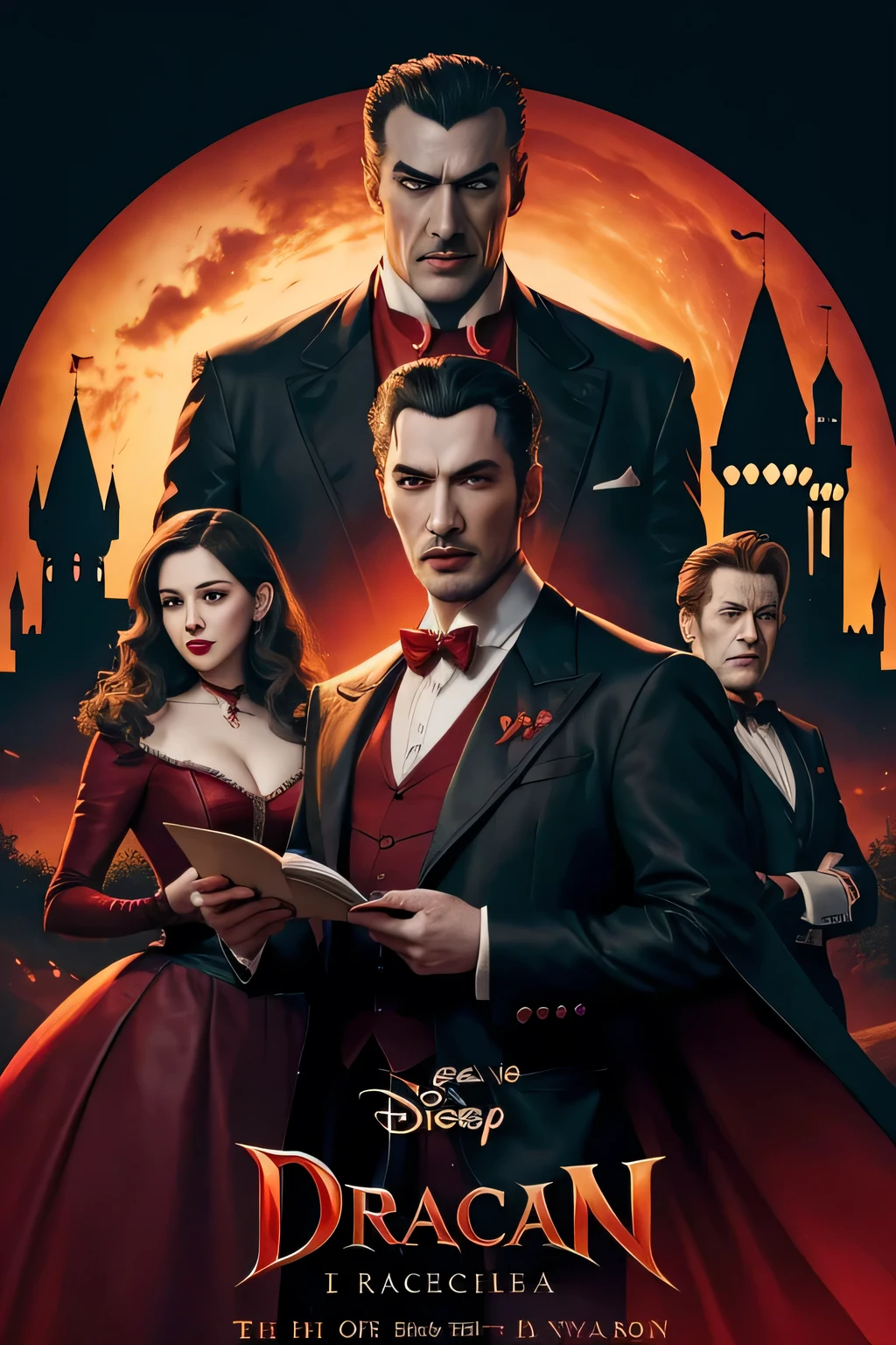 Disney and Pixar style film cover with Dracula in the center of the image and the title of the film being Dracula