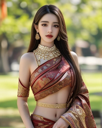 (ผู้หญิงlong hairชาวเอเชียตะวันออกเฉียงใต้ที่มีใบหน้ากลม,,very large breasts,,Chest measurement 36 inches.,)) Warm light, morning sun, long hair,black eyes,abdominal muscles, The body is beautiful and strong., thick hips, rounded chest, (digital painting, HDR, high contrast), 3d, 8K, 45,000,000 pixcls,Asian girl, Gorgeous Chinese model, jaw-dropping beauty, Attractive, sexy, seductive face and body, A woman in a red dress and gold jewelry poses for a photo., traditional beauty, Sukhothai dress, Southeast Asia that has existed for a long time, traditional chinese, traditional, beautiful oriental woman, traditional tai costume, asian woman, Dilraba Dilmurat, Chinese style, Niwan Chandra, wear red dress, Wear luxurious jewelry., Inspired by Tang Di