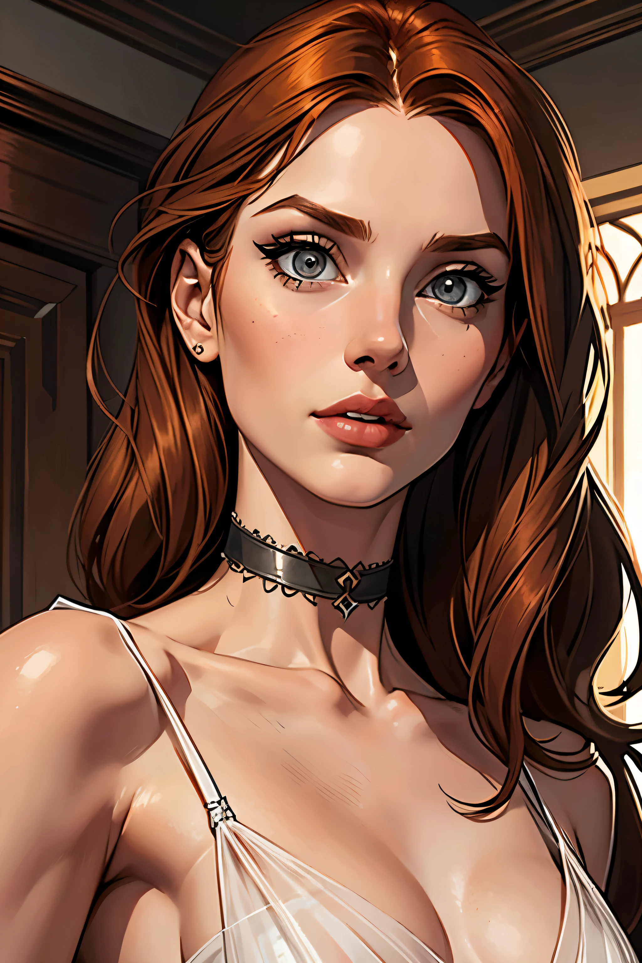 best qualityer, work of art, (realisitic: 1.2), 1 girl, slender girl, ginger hair, eyes browns, 3/4 view, face detailed, gorgeous eyes, eyes gray, eyes large, breasts small, choker, see through gown