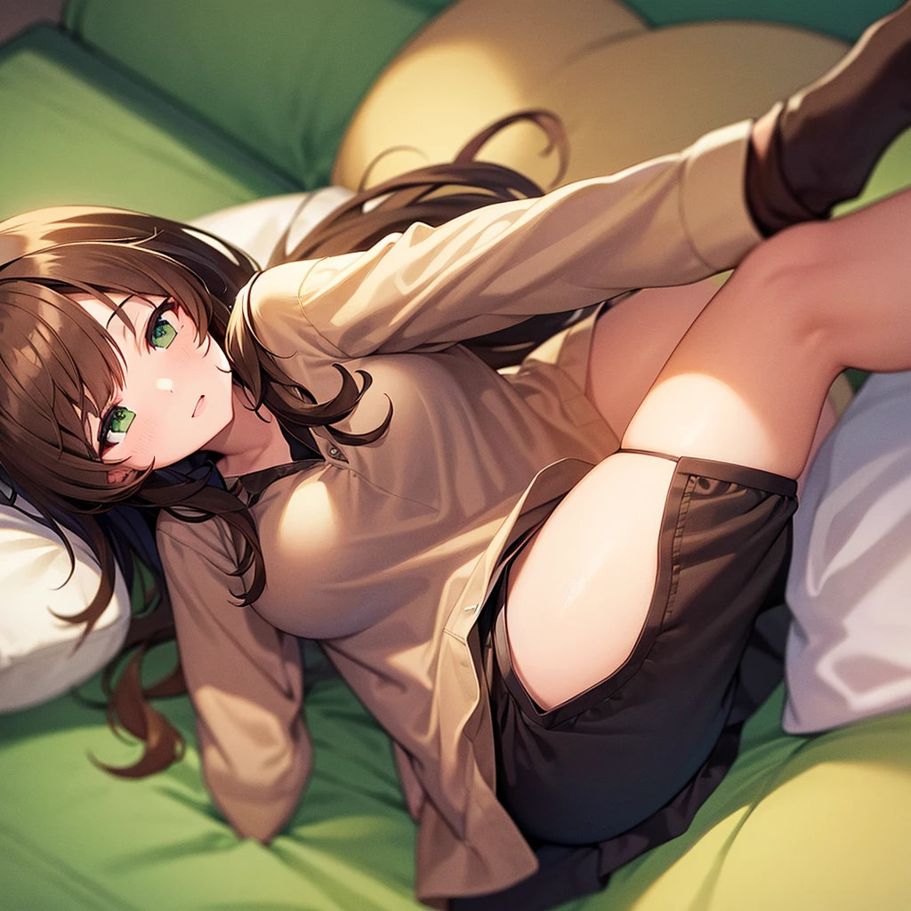 Girl dog student furry anime brown hair green eyes big breasts pajamas short sleeves and short shorts