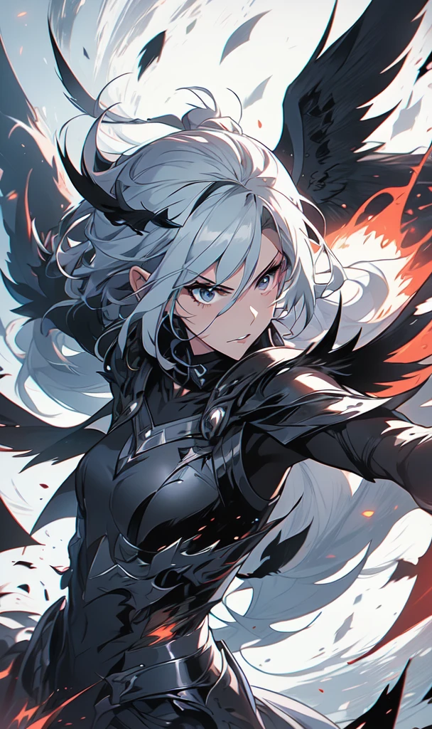 1girl, solo, anime, anime girl, black wings, white hair, black wings, black wings, black wings, black wings, black wings, black wings, black wings, from arknights, middle shot of a female anime hero, artgerm and atey ghailan, arknights, in combat, dynamic, dynamic pose, dynamic composition, attack, fate grand order, anime style like fate/stay night, senti, black eyes, white hair, poinytail, mature, (anger, tsurime:1.33), cursed armor, high tech armor, black armor, stealthtech ,scifi ,cutting edge , sleek angular, flames, destruction, world on fire, apocalyptic mass destruction