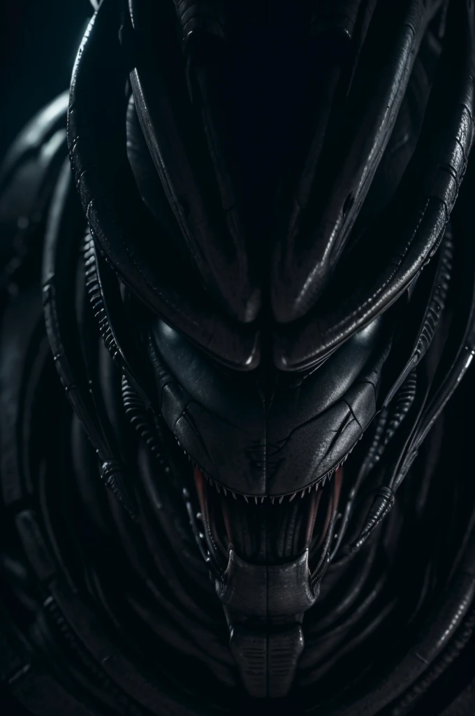 realistic cinematic close up portrait of a xenomorph, sharp focus, photorealistic, 8k, best quality, detailed skin texture, intricate biomechanical details, ominous lighting, dramatic shadows, cold color palette, chiaroscuro lighting, sinister atmosphere