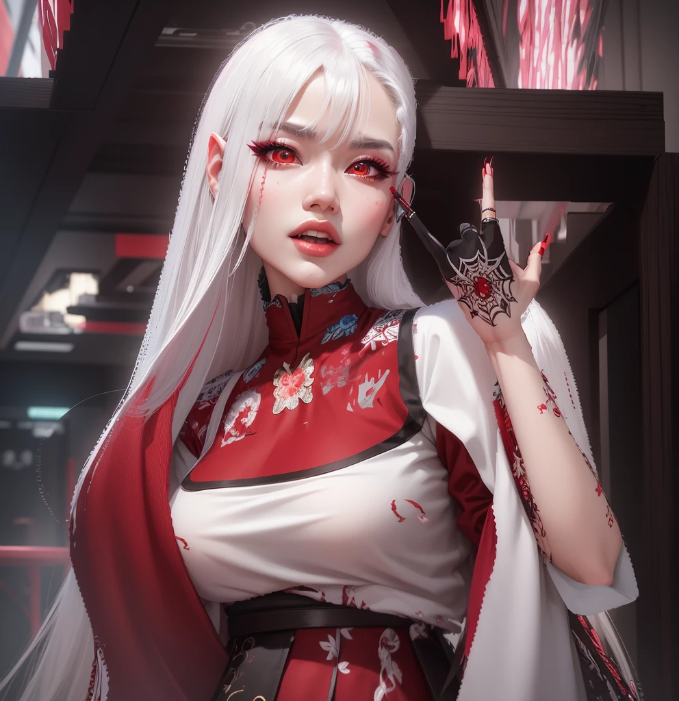 AVATAR SECOND LIFE Korean girl, red blouse, short blouse, Asian, long white hair,Perfect and detailed face, imvu, maximalist details, AVATAR SECOND LIFE Korean blusa , neon, 