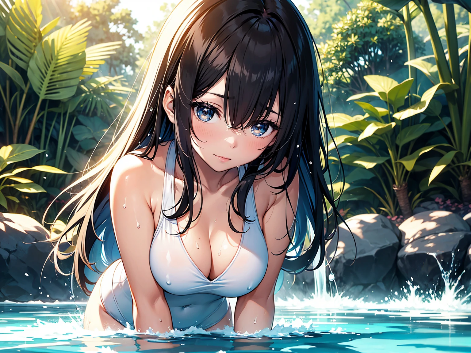 A Japanese beauty with a delicate and beautiful face, large eyes, and clear black straight hair, wearing a white bathing suit, standing by the pool. A gentle warm light surrounds the beautiful woman. The background is filled with soft out-of-focus sunlight and the splashing water creates a dreamy, alluring atmosphere. Glowing sweat surrounds the beautiful woman, adding to the bright atmosphere. 20 years old