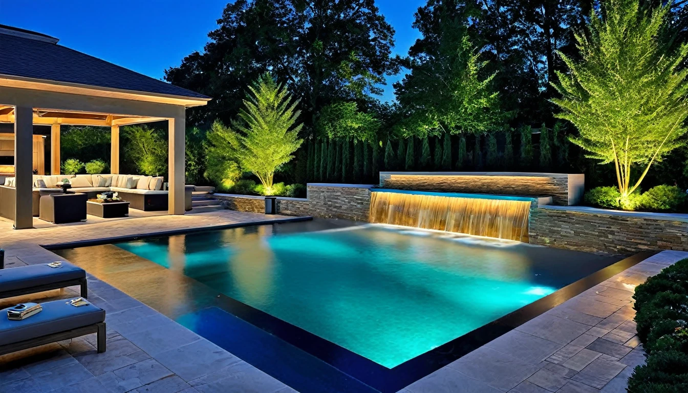 Create an image of the pool area, a blend of technology and relaxation. Highlight a smart pool system, elegant water features, and a design that transforms the outdoors into a serene oasis