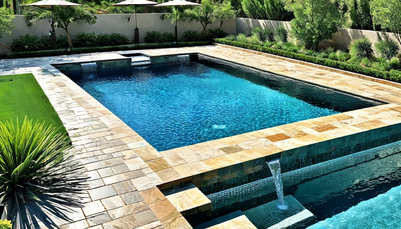 Create an image of the pool area, a blend of technology and relaxation. Highlight a smart pool system, elegant water features, and a design that transforms the outdoors into a serene oasis