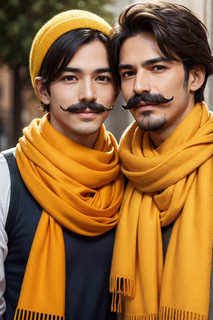 A mate with a yellow shirt and orange scarf with a mustache