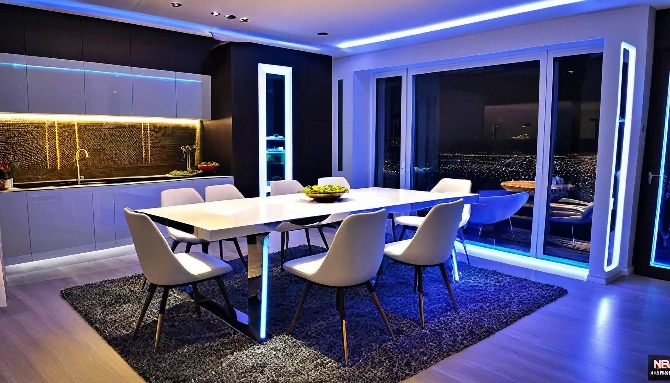 Generate an image of the dining area, where culinary art meets modern design. Showcase a futuristic dining table, ambient lighting, and a space that elevates dining to an experience.