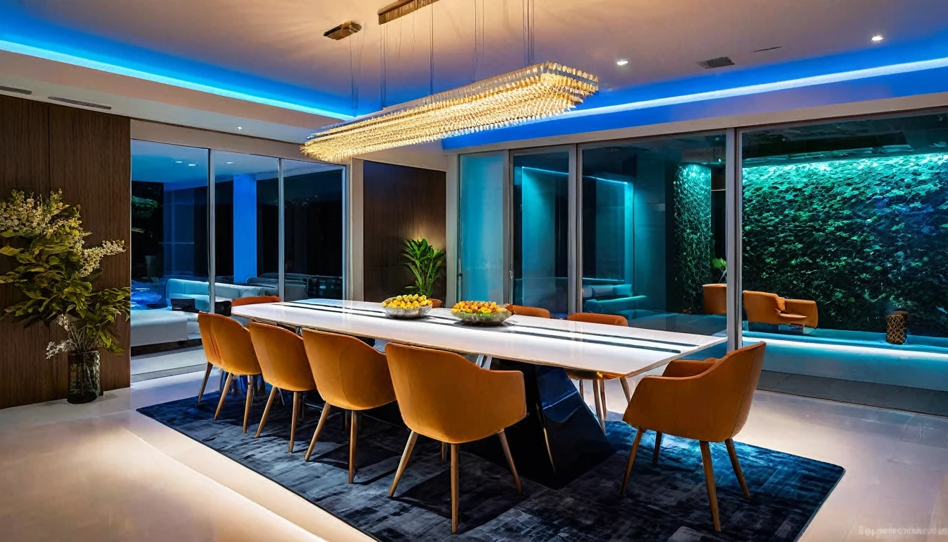 Generate an image of the dining area, where culinary art meets modern design. Showcase a futuristic dining table, ambient lighting, and a space that elevates dining to an experience.