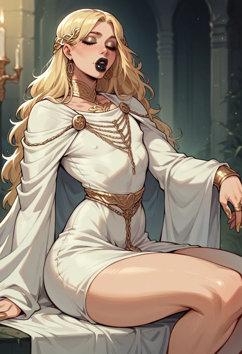 Miquella from elden ring sitting down, miquella, full lips, blonde, white revealing dress, gold, bimbo femboy, black lipstick, thick legs,