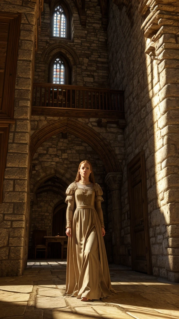 a girl in an ancient castle in the year 2024, intricate medieval architecture, ornate stone walls, cobblestone floors, stained glass windows, sunlight streaming through windows, elegant medieval dress, long flowing hair, inquisitive expression, exploring the castle interiors, high ceilings, candelabras, suits of armor, tapestries on the walls, (best quality,4k,8k,highres,masterpiece:1.2),ultra-detailed,(realistic,photorealistic,photo-realistic:1.37),cinematic lighting,dramatic shadows,fantasy,digital art