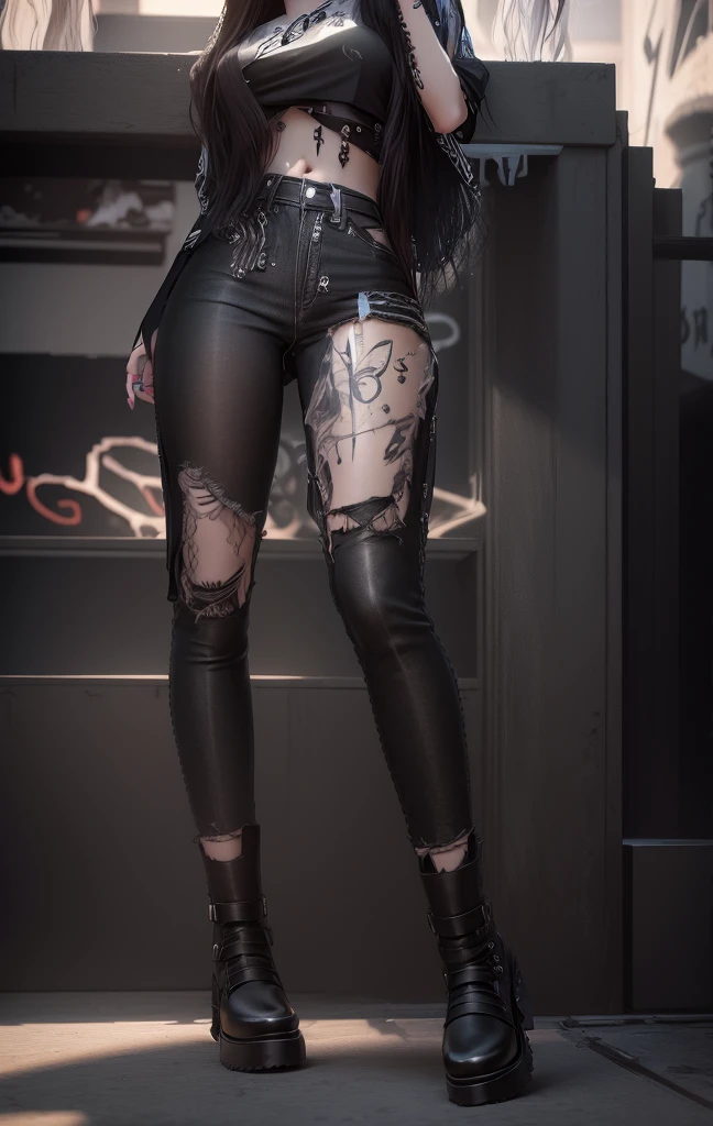 AVATAR SECOND LIFE Korean girl, cirta blouse, black blouse, Asian, long white hair,Perfect and detailed face, imvu, maximalist details, AVATAR SECOND LIFE Korean blusa , neon, calça jeans destroyed