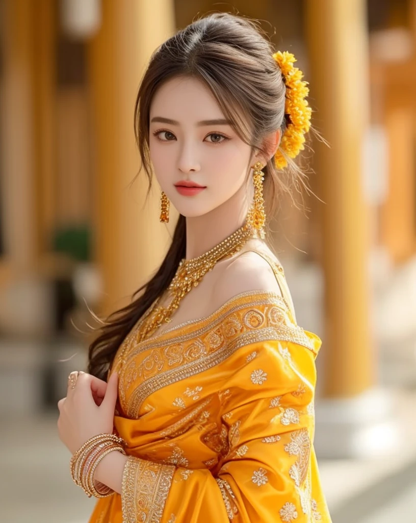 (ผู้หญิงlong hairชาวเอเชียตะวันออกเฉียงใต้ที่มีใบหน้ากลม,,very large breasts,,Chest measurement 36 inches.,)) Warm light, morning sun, long hair,black eyes,abdominal muscles, The body is beautiful and strong., thick hips, rounded chest, (digital painting, HDR, high contrast), 3d, 8K, 45,000,000 pixcls,Asian girl, Gorgeous Chinese model, jaw-dropping beauty, Attractive, sexy, seductive face and body, A woman in a red dress and gold jewelry poses for a photo., traditional beauty, Sukhothai dress, Southeast Asia that has existed for a long time, traditional chinese, traditional, beautiful oriental woman, traditional tai costume, asian woman, Dilraba Dilmurat, Chinese style, Niwan Chandra, wear red dress, Wear luxurious jewelry., Inspired by Tang Di