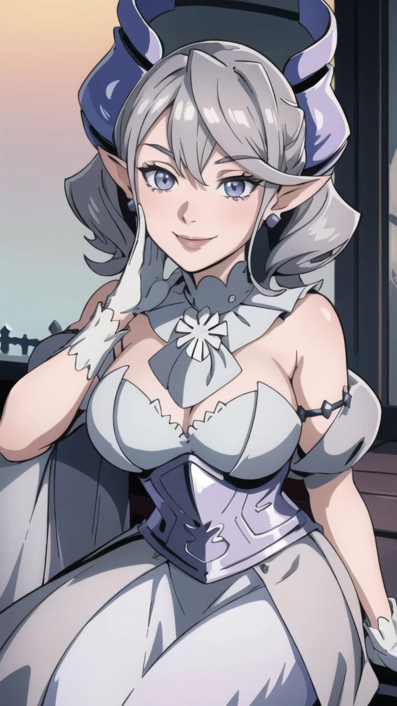 Beautiful arts wallpaper Sunset Outside castle top High level image quality best image quality 8K adult woman silver castle outside more colors whole body view portrait very detailed dress horn ears short hair((shortcut)(gray hair)(perm)(fluffy)) eye color is blue , , attractive evil face , smile , heroic stance , labrynth , barearm ,gloves , wearing pink , sitting ,
