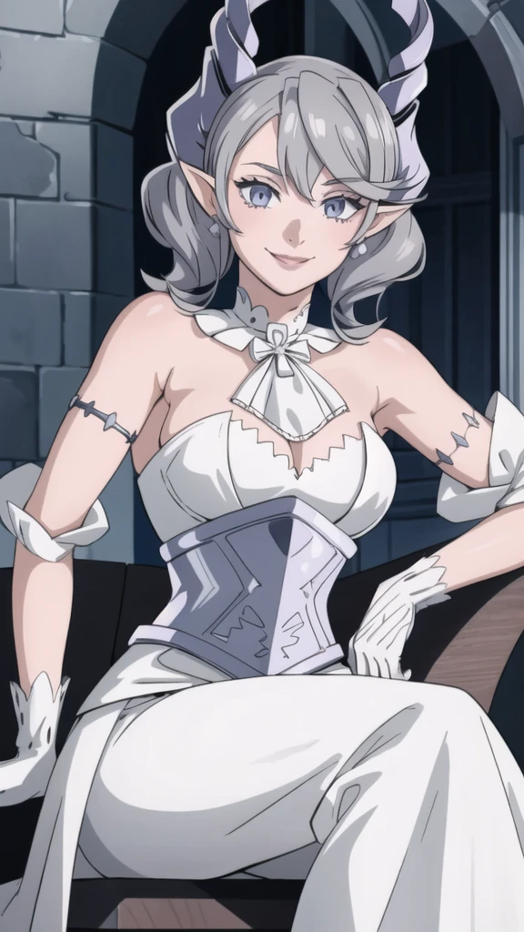 Beautiful arts wallpaper Sunset Outside castle top High level image quality best image quality 8K adult woman silver castle outside more colors whole body view portrait very detailed dress horn ears short hair((shortcut)(gray hair)(perm)(fluffy)) eye color is blue , , attractive evil face , smile , heroic stance , labrynth , barearm ,gloves , wearing pink , sitting ,