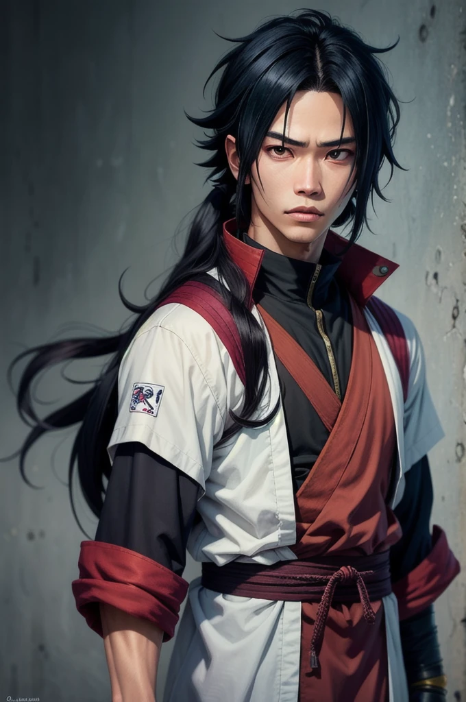 Drawing the character Sasuke Uchiha from the anime Naruto in a realistic and modern style, clearly showing his distinctive features such as his black hair and red Sharingan eyes, and wearing his ninja uniform with a background that reflects the strength and mystery of his character.."