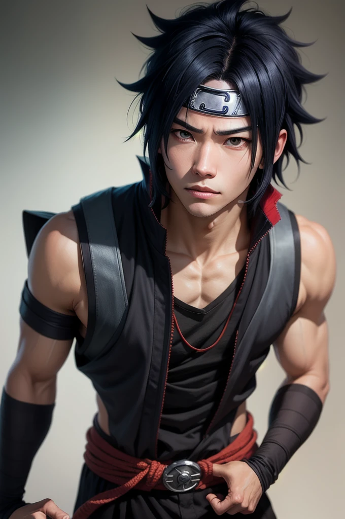 Drawing the character Sasuke Uchiha from the anime Naruto in a realistic and modern style, clearly showing his distinctive features such as his black hair and red Sharingan eyes, and wearing his ninja uniform with a background that reflects the strength and mystery of his character.."