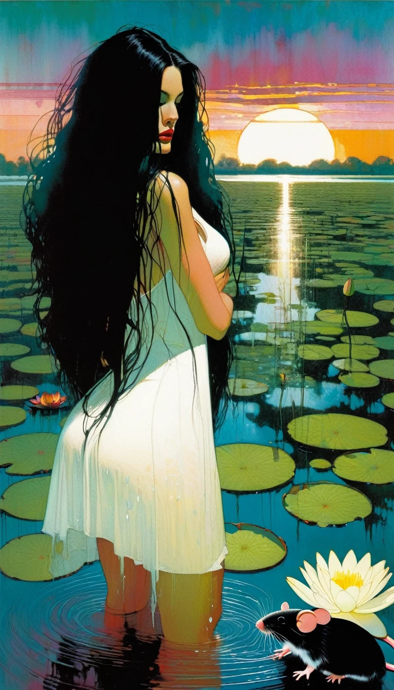 sexy woman with long black hair and her pet mouse, immersed in the water in a swamp with water lilies, she is standing smelling the flowers of a tree, wet white dress, great landscape, sunset (art inspired in Bill Sienkiewicz).