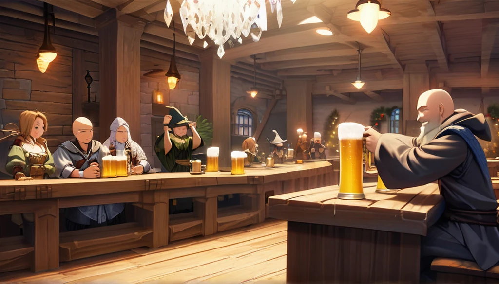 ((Final Fantasy Tactics based, anime Infinite Status art, 4k, epic quality, detailed texture)). The theme is festive. It's night. The setting is a large old medieval tavern, hyper detailed, wooden furniture, wooden walls with chandeliers completely illuminating the scene, some windows, wooden floors, there are several people(men and women, from several different Final Fantasy Tactics classes, partying and drinking a lot of beer, they are drunk) around the scene. The highlight is a man, 31-years-old wizard, bald, handsome face, smiling like a drunk, black beard slightly gray, white skin, brown eyes, strong and short in stature, he wears a pointy wizard's hat and legendary wizard's clothes, he is drinking beer from a mug using his left hand. The atmosphere is happy and magical. Complete view of the setting.