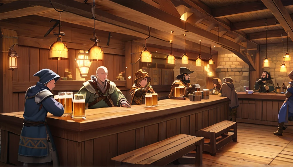 ((Final Fantasy Tactics based, anime Infinite Status art, 4k, epic quality, detailed texture)). The theme is festive. It's night. The setting is a large old medieval tavern, hyper detailed, wooden furniture, wooden walls with chandeliers completely illuminating the scene, some windows, wooden floors, there are several people(men and women, from several different Final Fantasy Tactics classes, partying and drinking a lot of beer, they are drunk) around the scene. The highlight is a man, 31-years-old wizard, bald, handsome face, smiling like a drunk, black beard slightly gray, white skin, brown eyes, strong and short in stature, he wears a pointy wizard's hat and legendary wizard's clothes, he is drinking beer from a mug using his left hand. The atmosphere is happy and magical. Complete view of the setting.