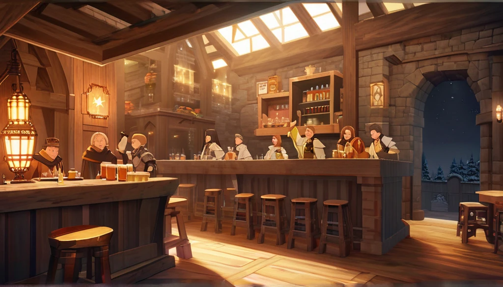 ((Final Fantasy Tactics based, anime Infinite Status art, 4k, epic quality, detailed texture)). The theme is festive.  It's night.  The setting is a large old medieval tavern, hyper detailed, wooden furniture, wooden walls with chandeliers completely illuminating the scene, some windows, wooden floors, there are several people(men and women, from several different Final Fantasy Tactics classes, partying and drinking a lot of beer, they are drunk) around the scene. The highlight is a man, 31-years-old wizard, bald, handsome face, smiling like a drunk, black beard slightly gray, white skin, brown eyes, strong and short in stature, he wears a pointy wizard's hat and legendary wizard's clothes, he is drinking beer from a mug using his left hand.  The atmosphere is happy and magical. Complete view of the setting.