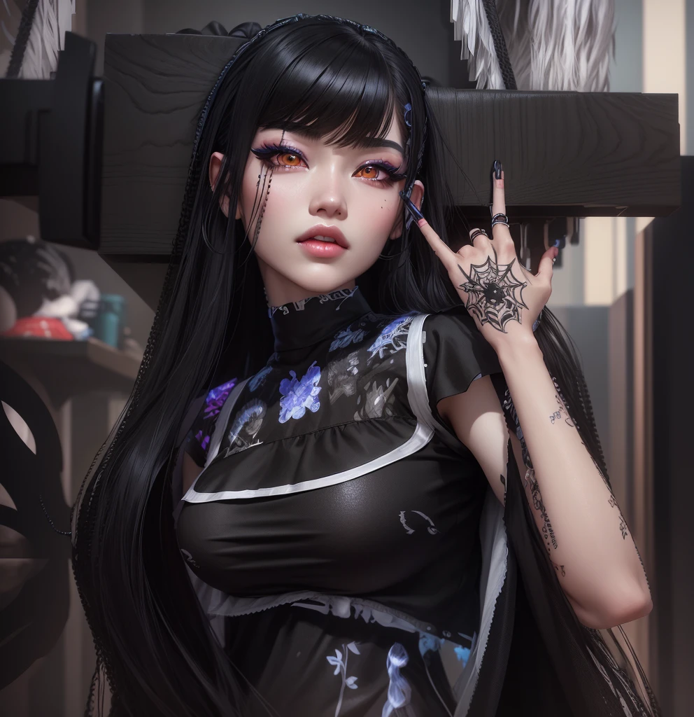 AVATAR SECOND LIFE Korean girl, short blouse, black blouse, Asian, long white hair,Perfect and detailed face, imvu, maximalist details, AVATAR SECOND LIFE Korean blusa , neon, 