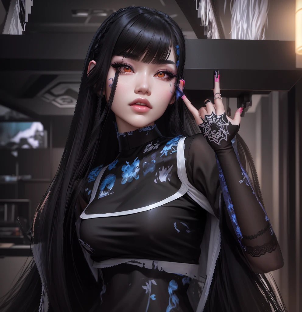 AVATAR SECOND LIFE Korean girl, short blouse, black blouse, Asian, long white hair,Perfect and detailed face, imvu, maximalist details, AVATAR SECOND LIFE Korean blusa , neon, 