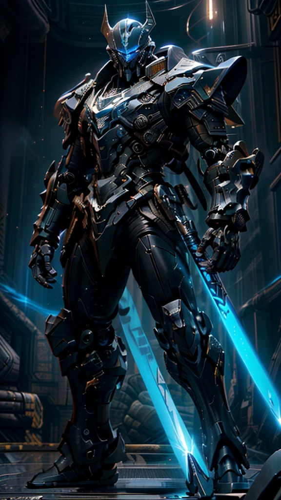 (masterpiece), (best quality), (super-detailed), (UHD 8k Sony a7R V 60 MP mirrorless camera with a 35mm wide-angle lens and a f/2.4 aperture, photographic full body shot) (of a tall, lean, and mean, futuristic, (gleaming, polished gunmetal mecha-suit):1.4 enabled, space pirate Captain, (mecha pirate:1.4)). The warrior is depicted brandishing his (glowing:1.4, electric-blue, laser cutlass:1.5). He is wearing intricate, highly detailed armor that is black:1.45, silver:1.43, and blue:1.2, with a jolly roger emblem inlaid in platinum on his chest, (he makes for a striking figure of an evil robot buccaneer:1.2). The grim looking Captain is (standing straight:1.52), with his (legs slightly bent:1.3) in preparation for evasive maneuvers, (holding his trusty laser cutlasses:1.44 out to his sides:1.51), (ready for battle, it was time for some action), (on the gloomy bridge of his pirate themed spaceship:1.4), epic comic book cover art by Greg Capullo mixed with the iconic style of comic book cover artist Jim Lee also from the Marvel, Image, and DC comic book universes. dramatic lighting with strong contrasts highlights his metallic textured features, cinematic movie still, masterpiece, best quality, absurd resolution, 8k Nikon 7R V 60MP, ray tracing, HDR, UHD, volumetric lighting, Unreal Engine 5, Unity Engine, Blender, octane render, exquisite subject composition and use of lighting:1.4, exceptional, award-winning shading:1.38, sharp focus:1.35, low angle, ominous mood, facing the viewer,
